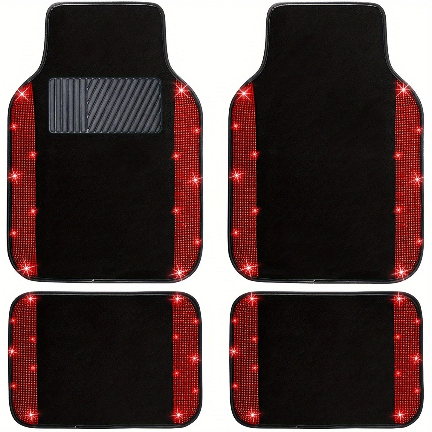 Rhinestone-Border Car Floor Mats, Four-Piece Black Carpet Set with Seven Accent Color Options