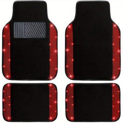 Rhinestone-Border Car Floor Mats, Four-Piece Black Carpet Set with Seven Accent Color Options