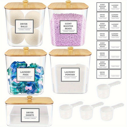 Laundry Pods Container & Dryer Sheet Holder Set with Bamboo Lids, Clear Laundry Room Organization Containers for Scent Booster, Powder