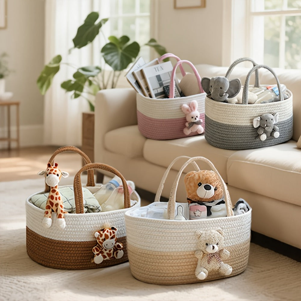 Cute Animal Woven Storage Basket, Decorative Desktop Organizer for Remote Controls, Toys, Stationery & Small Items