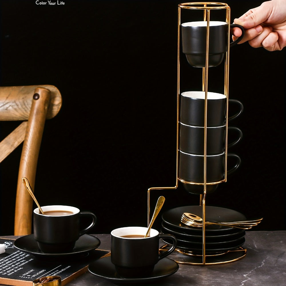Espresso Cups Set of 6 with Saucers, Spoons & Metal Stand, 4oz Stackable Ceramic Cappuccino Mugs for Double Espresso