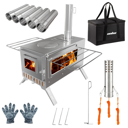Wood Burning Stove Portable Camping Tent Stove with 7 Detachable Chimney Pipes, Stainless Steel, Adjustable Height