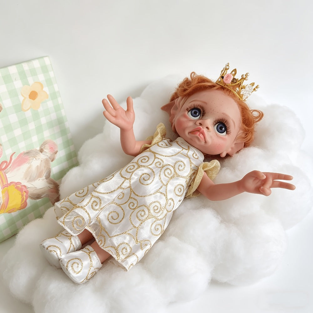 Fairy Elf Reborn Doll 15 Inch Vinyl Full Body Hand-Painted Collectible Art Doll with Wavy Hair & Crown
