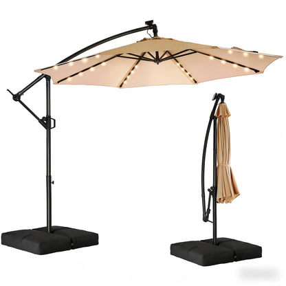 Patio Umbrella 10FT Solar LED Cantilever Style with 32 Lights, Eight-Rib Frame, Tilt and Four Colors