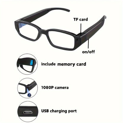 1080P HD Recording Glasses with TF Storage Card – Smart Camera Glasses, 65° Wide-Angle DV Video Recorder, Eye Protection Lenses