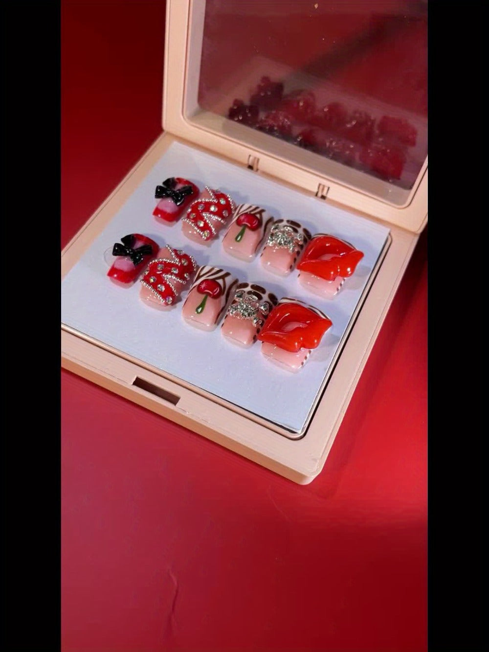 Press On Nails 10-Piece Short Duckbill Acrylic Set with Skull, Cherry, Bow, Rhinestone and Zebra Details