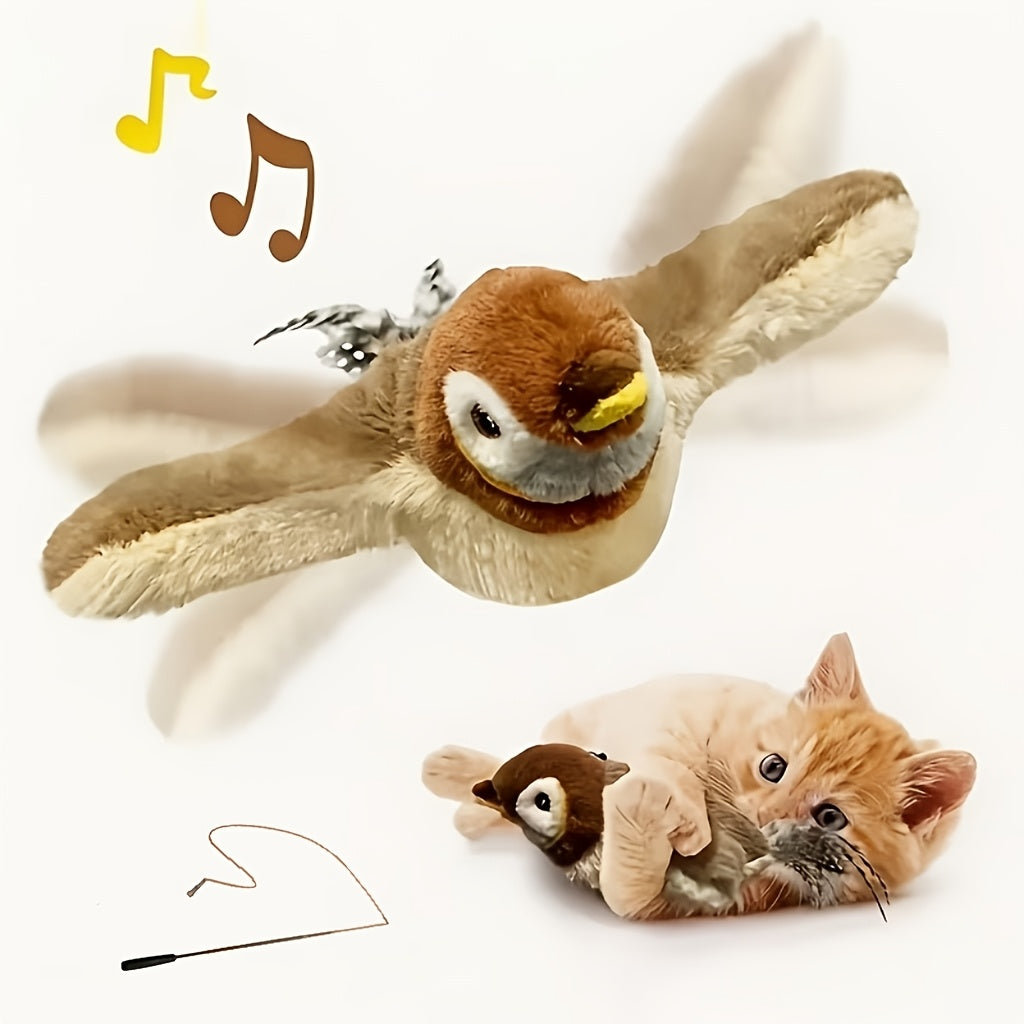 Flying Sparrow Cat Toy with Flapping Wings & Chirping Sound – USB Rechargeable Plush Bird Cat Toy, Touch-Start Interactive Feather Toy