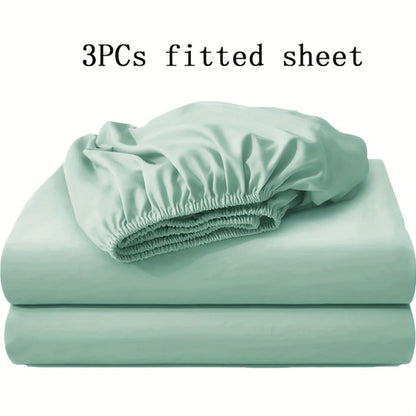 Three-Piece Solid-Color Fitted Sheet Set with Two Pillowcases, Nine Colors and Four Bed Sizes