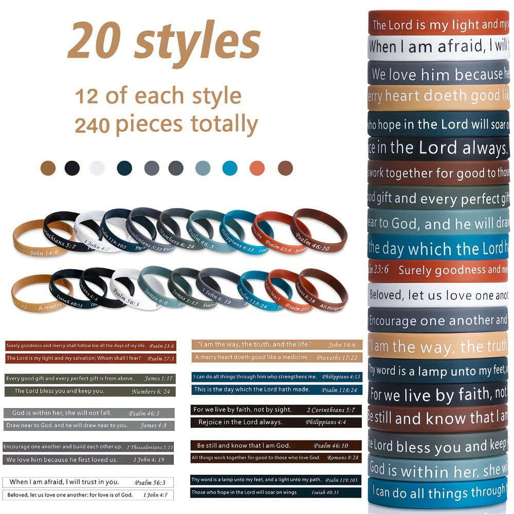240pcs Bible Verse Silicone Wristbands Bulk, Christian Motivational Bracelets for Baptism, Wedding