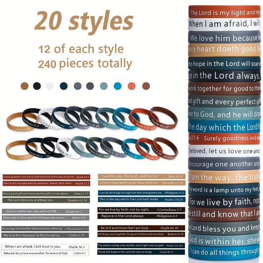 240pcs Bible Verse Silicone Wristbands Bulk, Christian Motivational Bracelets for Baptism, Wedding