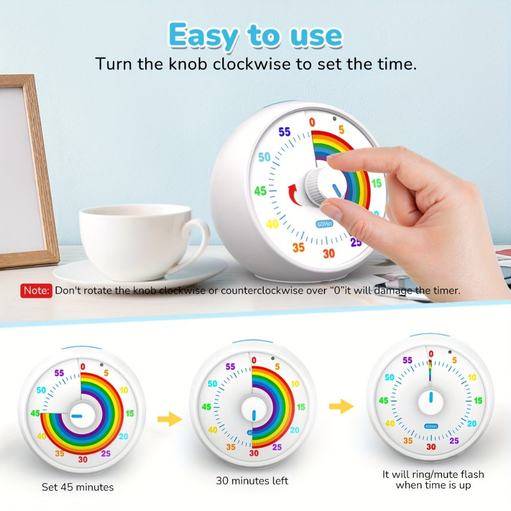 Visual Timer 60 Minute Countdown Silent Tomato Timer Rainbow Pattern for Classroom Office for Home Cooking, Dining and Outdoor Meals