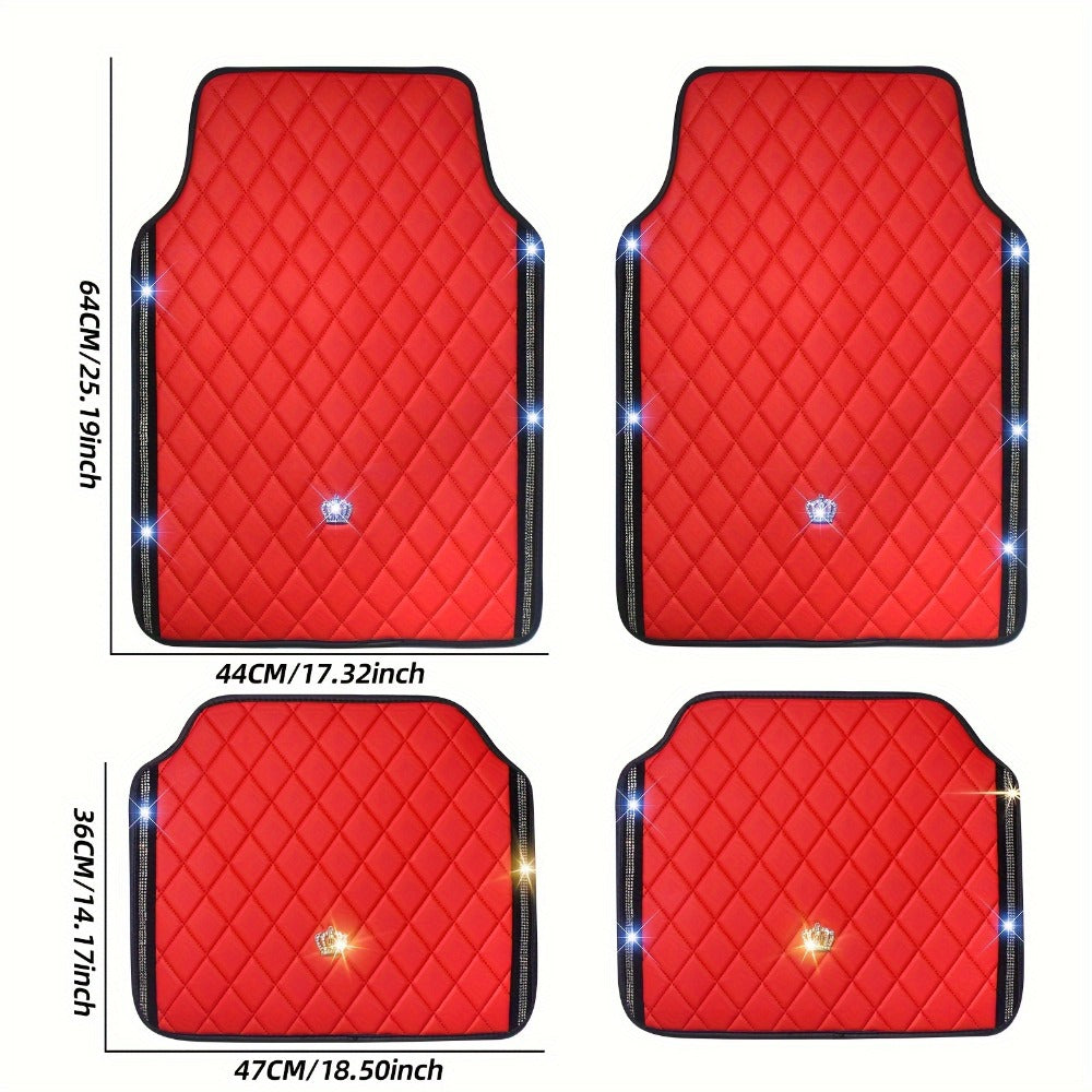 Quilted Crown Car Floor Mats, Four-Piece Set in Red, Black or Prismatic Embossed Style Options