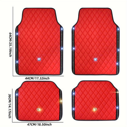 Quilted Crown Car Floor Mats, Four-Piece Set in Red, Black or Prismatic Embossed Style Options