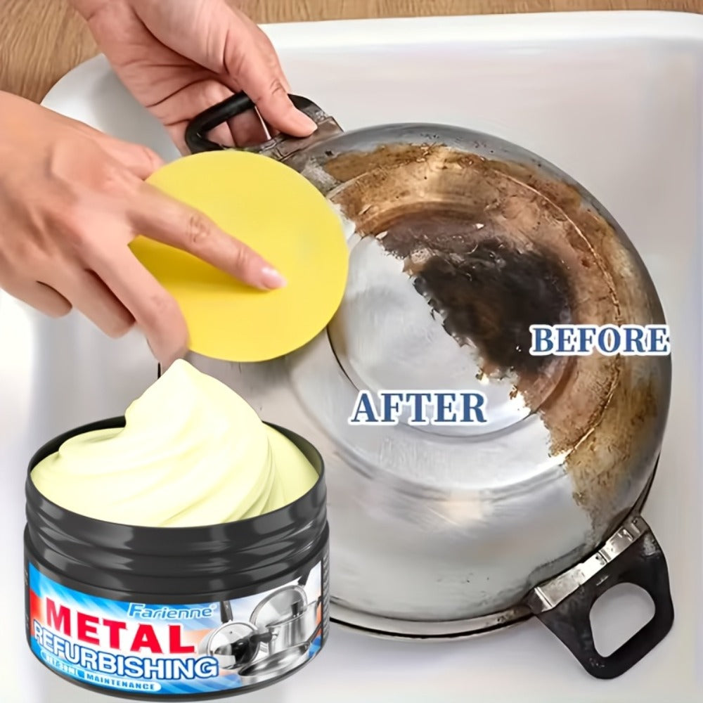 1.01oz Metal Refurbishing Cleaning Paste Tub with One Round Black Scrub Pad for Cookware and Metal Surfaces