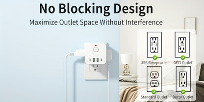 Wall Outlet Extender 8-in-1 with 4 AC Outlets 2 USB-A 2 USB-C Ports Power-Off Switch for Home Cooking, Dining and Outdoor Meals