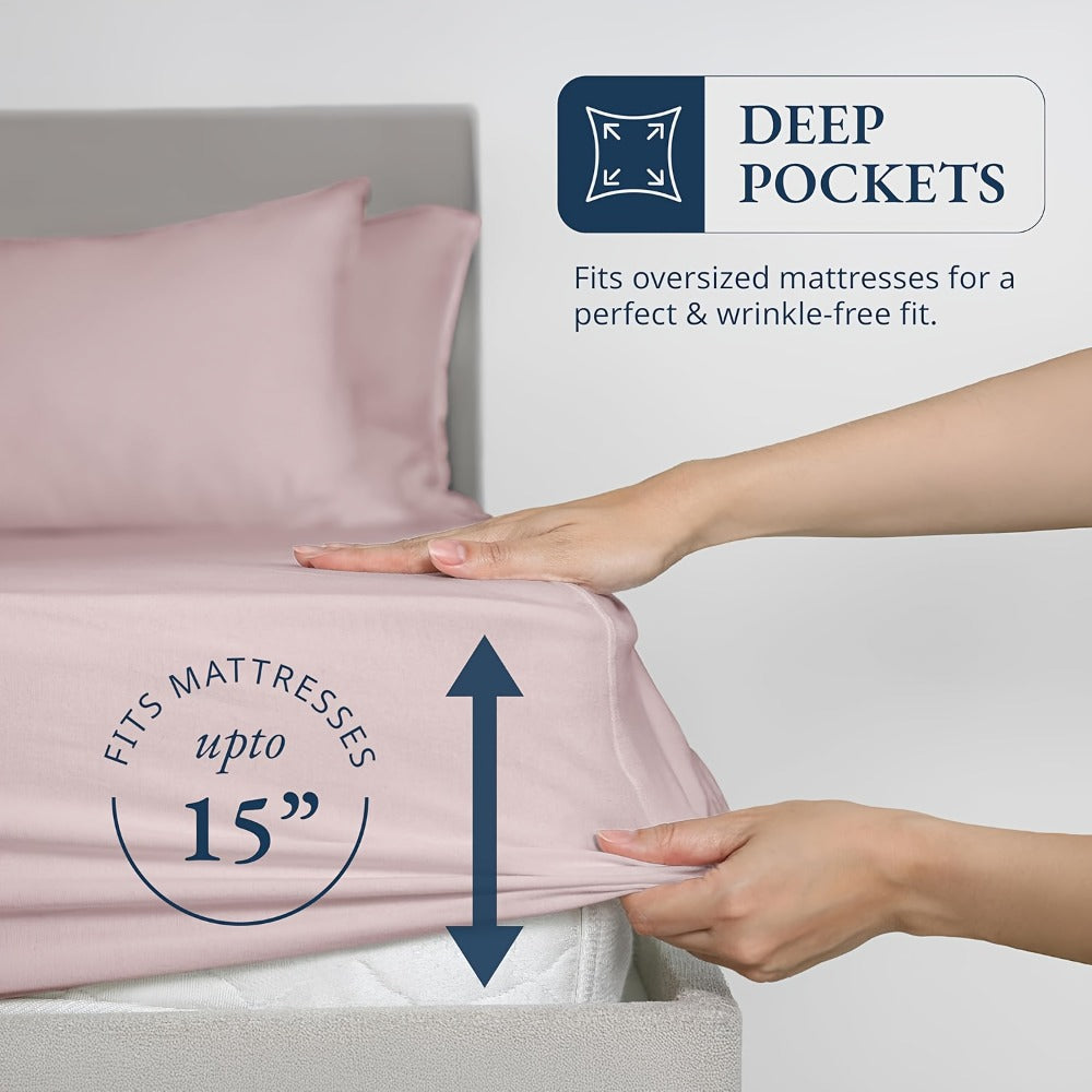 Bamboo Fitted Sheet Set 3-Piece – Cooling Breathable Soft Deep Pocket Bed Sheets, Twin Full Queen King, 12 Colors – Fits Mattress Up to 15"