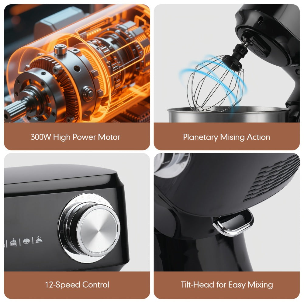 Electric Food Mixer 4.8 Qt 12-Speed Portable Stand Mixer for Daily Baking with Egg Whisk Dough Hook Flat Beater Kitchen Tilt-Head Mixer