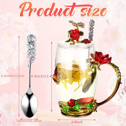 Flower Glass Tea Cups with Lids and Spoon 4 Sets Butterfly Vintage Floral Clear Glass Coffee Mugs 12oz Gift for Women Mom Wife Girlfriend