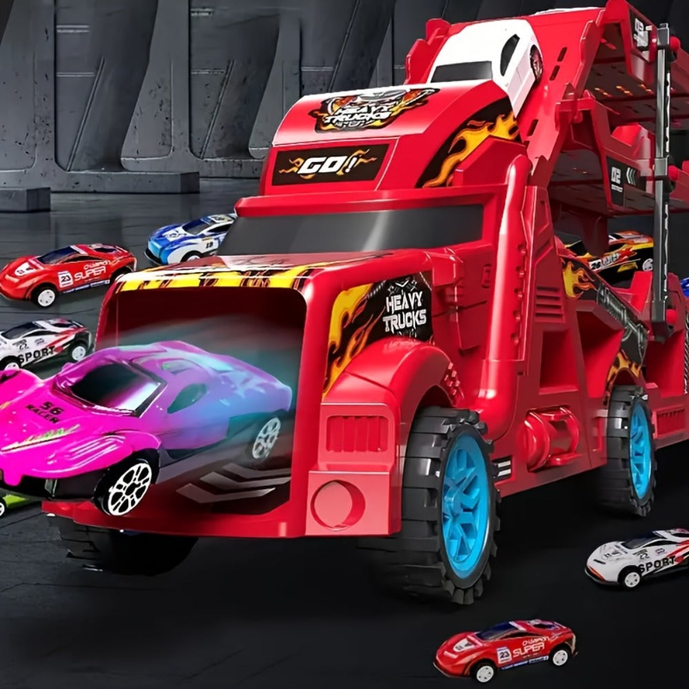 Transforming Launcher Truck Playset with 8 Alloy Cars, Foldable Storage Transporter Toy, Car Carrier Truck with Launch Ramp