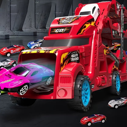 Transforming Launcher Truck Playset with 8 Alloy Cars, Foldable Storage Transporter Toy, Car Carrier Truck with Launch Ramp