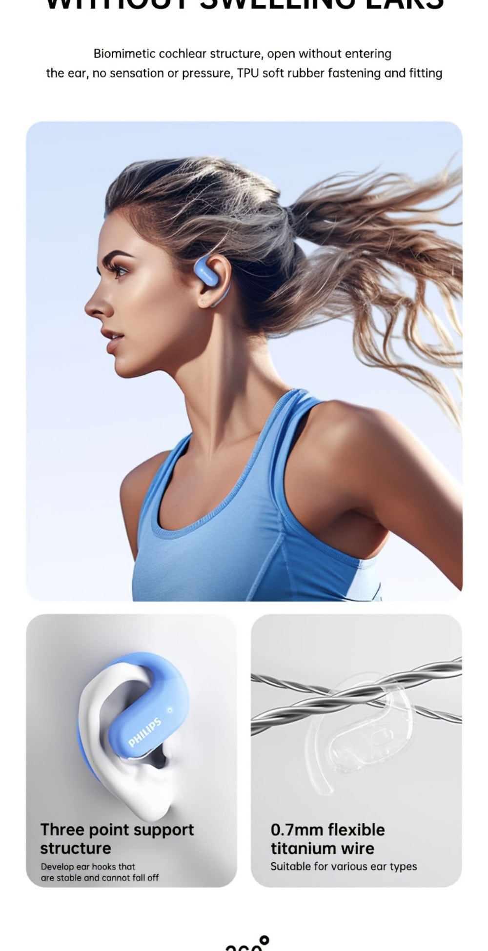 Philips TAT2739 Open Air Earbuds Wireless Bluetooth 5.3 Ear Hook Headphones with Wireless Charging Case