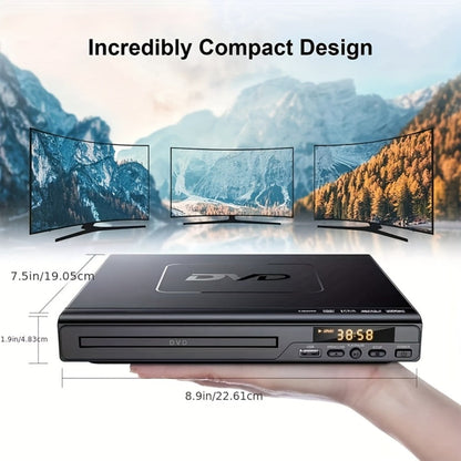 Compact Black DVD Player with USB Port, AV Output, Remote Control, RCA Cable and US Plug for Home TV