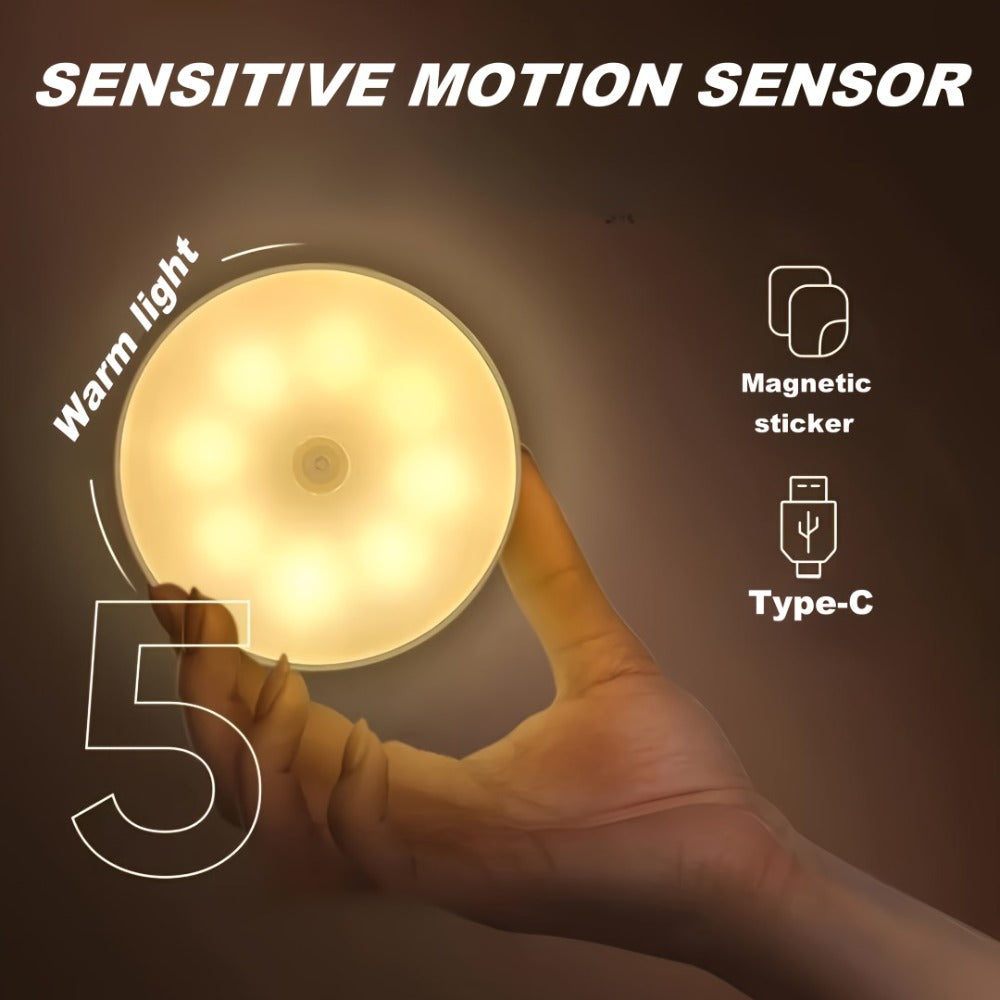 Night Light Motion Sensor 8-LED Puck Set with USB Rechargeable Power, Warm or White Light in 6- and 12-Piece Packs