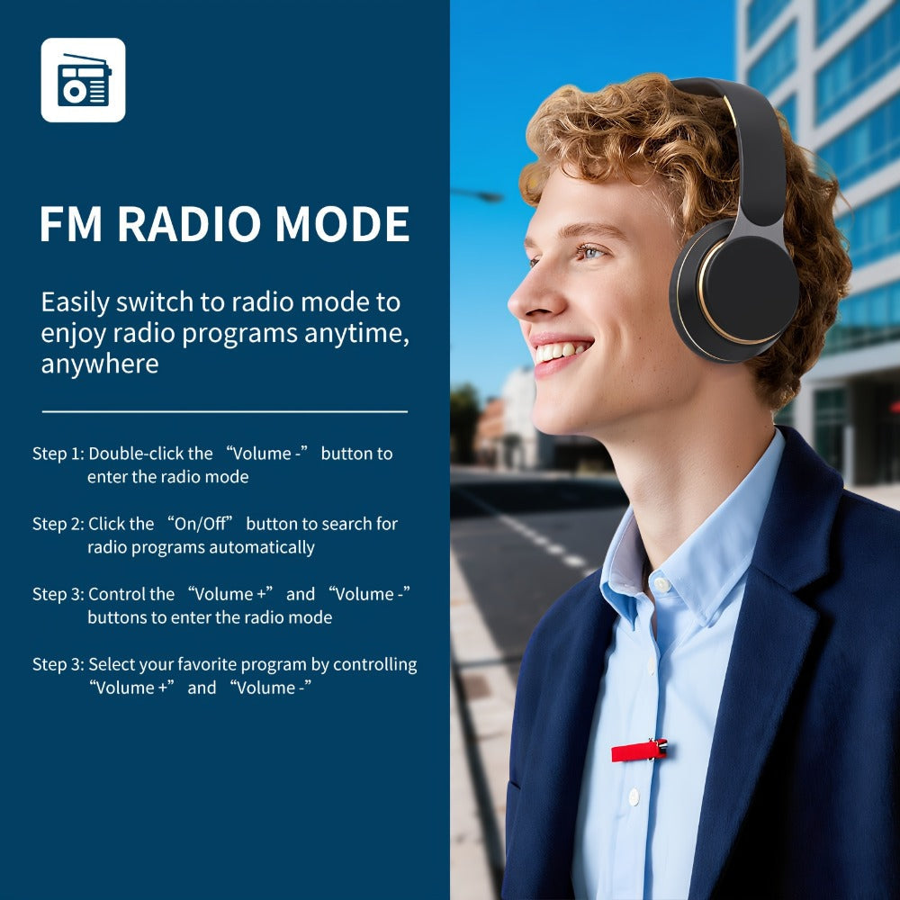 Foldable Wireless Over-Ear Headphones with FM Radio, TF Card Playback, 3.5mm AUX, Microphone and Six Colors