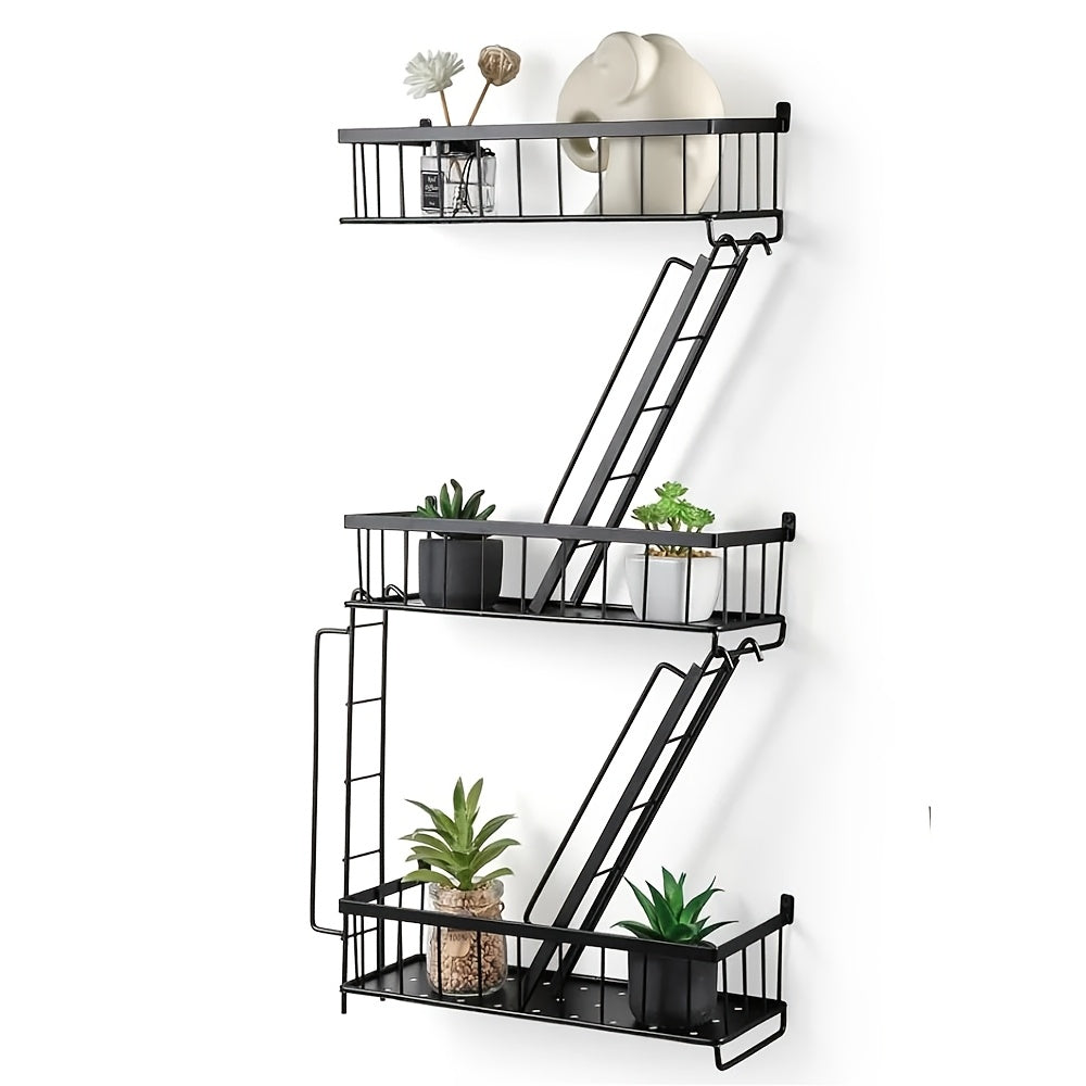 Staircase Wall Shelf with Three- or Four-Level Structures across Four Wrought-Iron Checkout Options