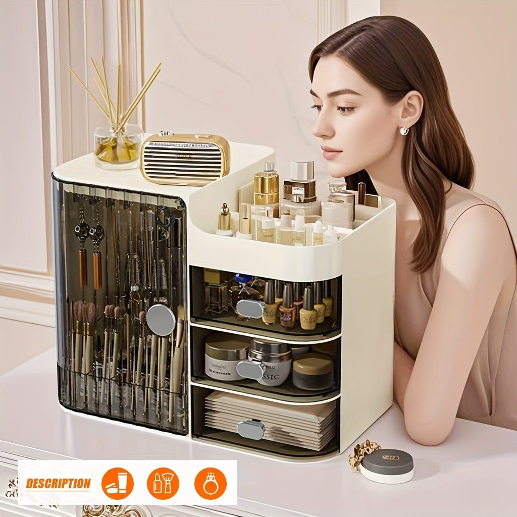 Makeup Organizer with 3 Drawers and Mirror – Large Capacity Cosmetic Storage Box Vanity Organizer for Skincare Contact Lens Display Case