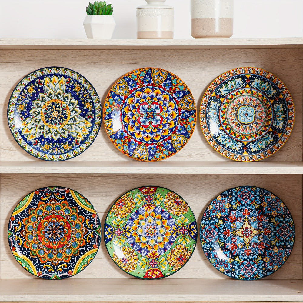 Bohemian Dinner Plates Set of 6 – 10.5 Inch Colorful Stoneware Plate Set Microwave Dishwasher Safe Scratch Resistant Porcelain Dinnerware
