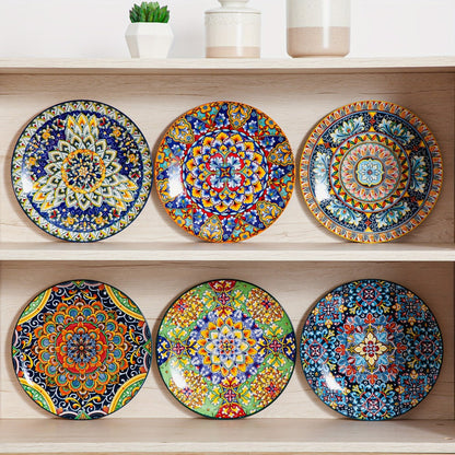 Bohemian Dinner Plates Set of 6 – 10.5 Inch Colorful Stoneware Plate Set Microwave Dishwasher Safe Scratch Resistant Porcelain Dinnerware