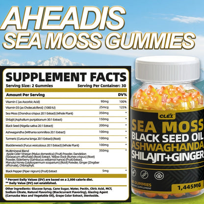 Immune Support Gummies with Sea Moss 1445mg, 10-in-1 Superfood Blend with Black Seed Oil, Ashwagandha