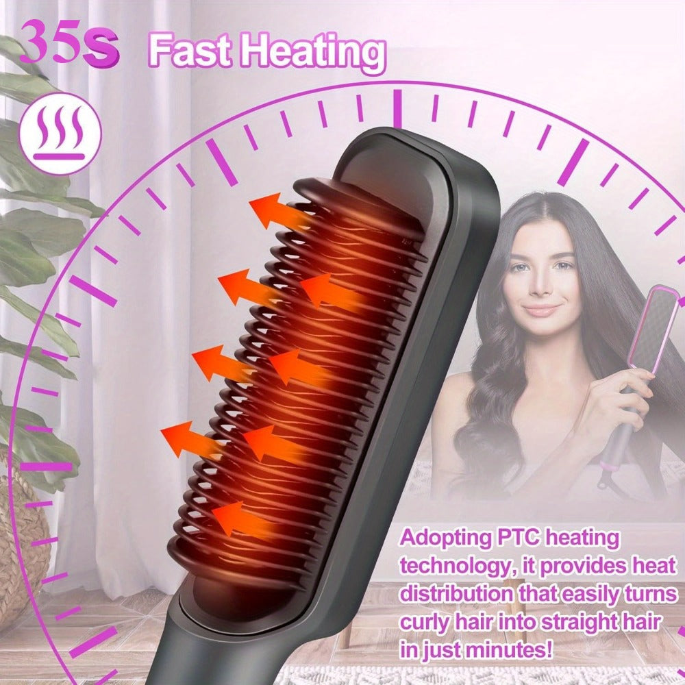 2-in-1 Hair Straightener & Curler LCD Display – 35-Second Fast Heat 4-Speed Temperature Anti-Scald Flat Iron Brush for Women with 2 Hairpins
