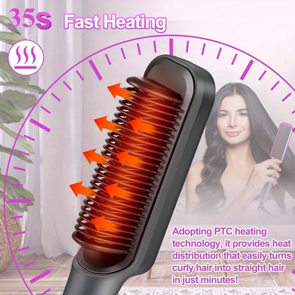 2-in-1 Hair Straightener & Curler LCD Display – 35-Second Fast Heat 4-Speed Temperature Anti-Scald Flat Iron Brush for Women with 2 Hairpins