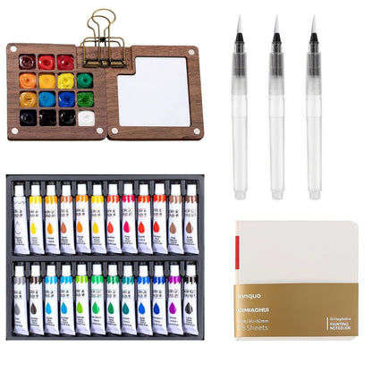 Portable Watercolor Paint Set 24 Colors with 15-Grid Palette 3 Brushes with the Listed Color, Size or Set Options for Everyday Use