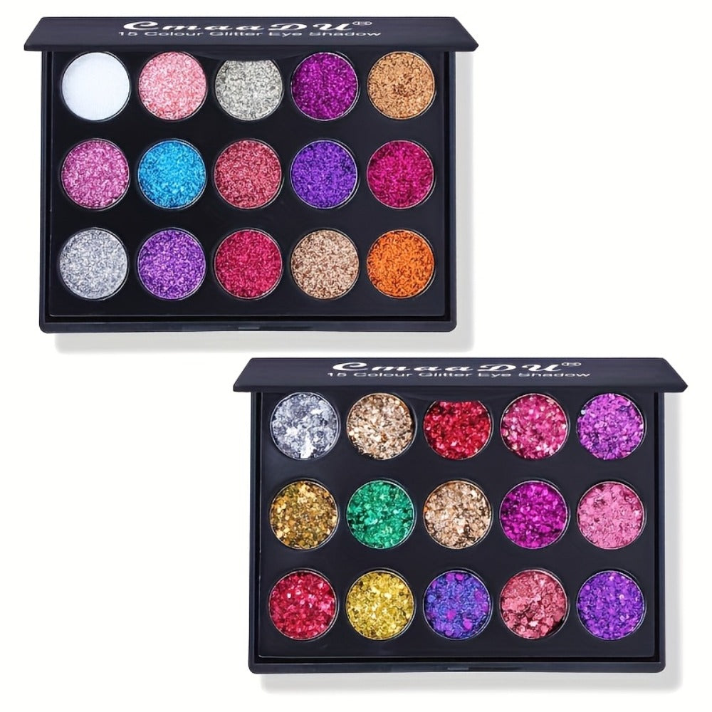 Eyeshadow Palette 2-Pack with 15 Glitter, Shimmer and Metallic Shades per Black Compact Case