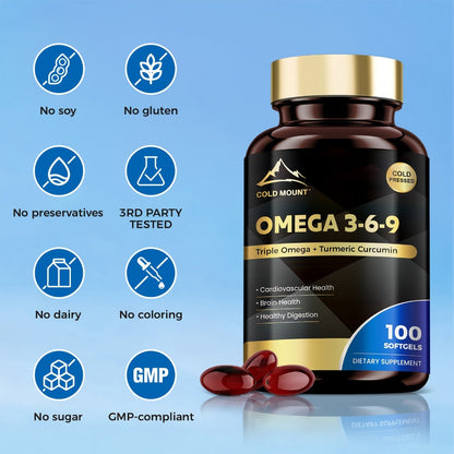 Omega 3 6 9 Supplement Softgels with Flaxseed, Fish Oil & Turmeric, Heart, Brain, Liver & Skin Support for Women & Men