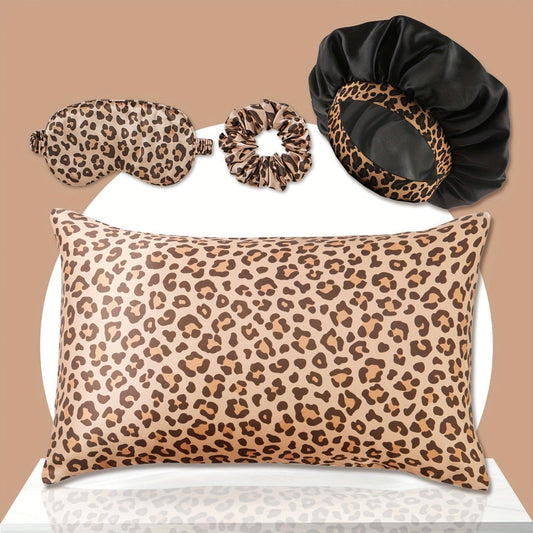 Leopard Print Pillow Covers Set of 4 with Sleep Mask and Headband Machine Washable Polyester Woven Fabric Travel Bedroom Decorative