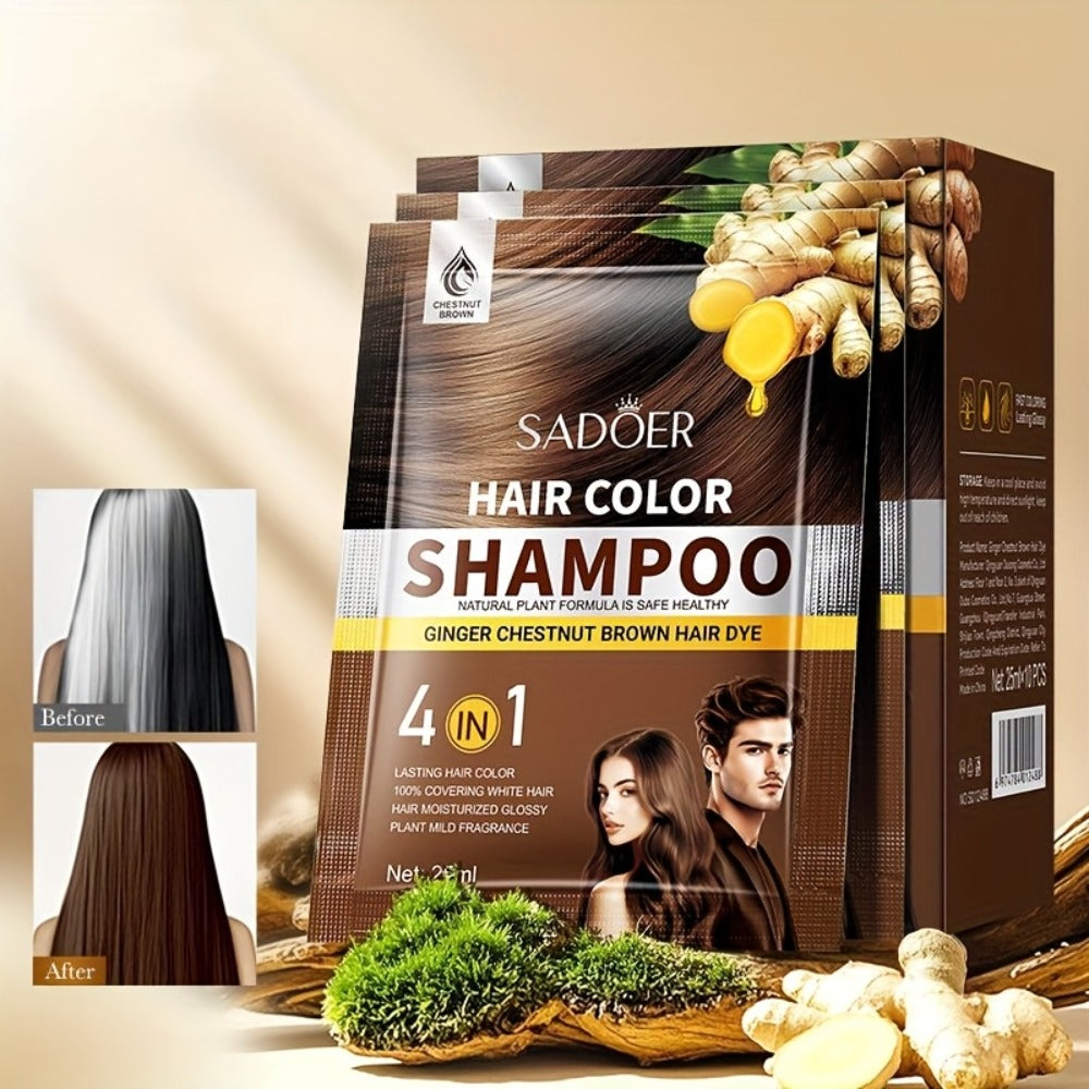 3-in-1 Hair Color Shampoo 10-Pack Single-Use Sachets Natural Dye Deep Cleansing Gel for Bath Time, Home Spa and Personal Care