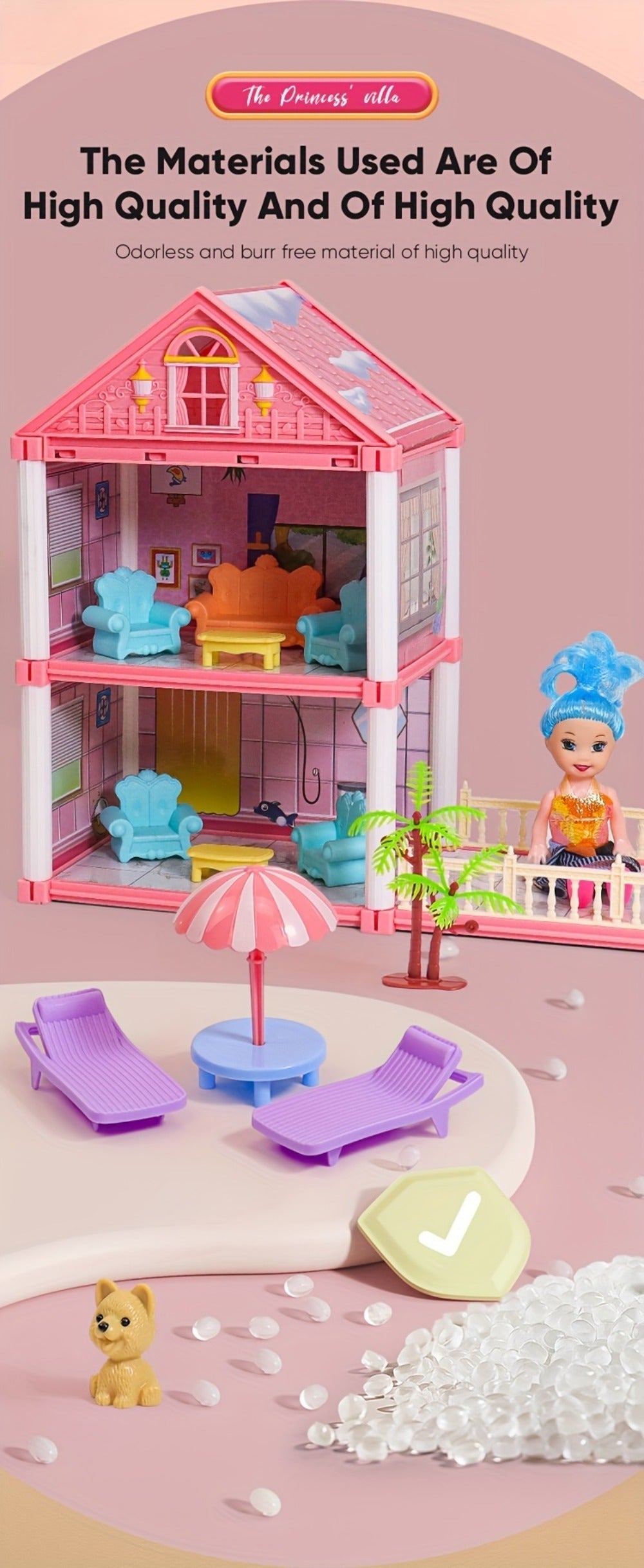 Princess Doll House Castle with Furniture & Accessories, Pink or Blue Mini Villa Playset 14 to 27 Rooms