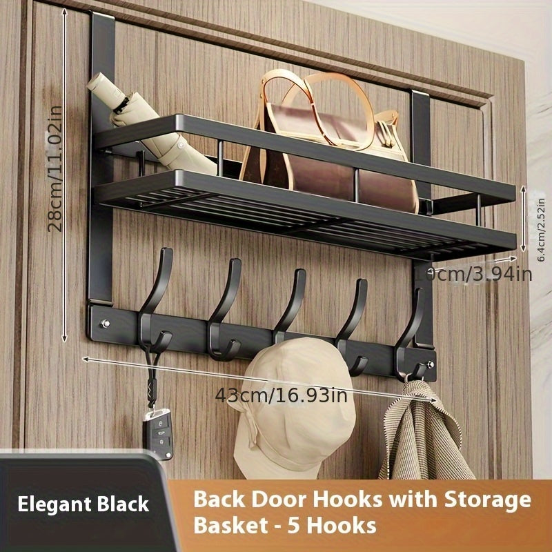 Over-the-Door Storage Rack with Metal Basket Shelf, 4 to 8 Hooks and Gray or Black Length Options