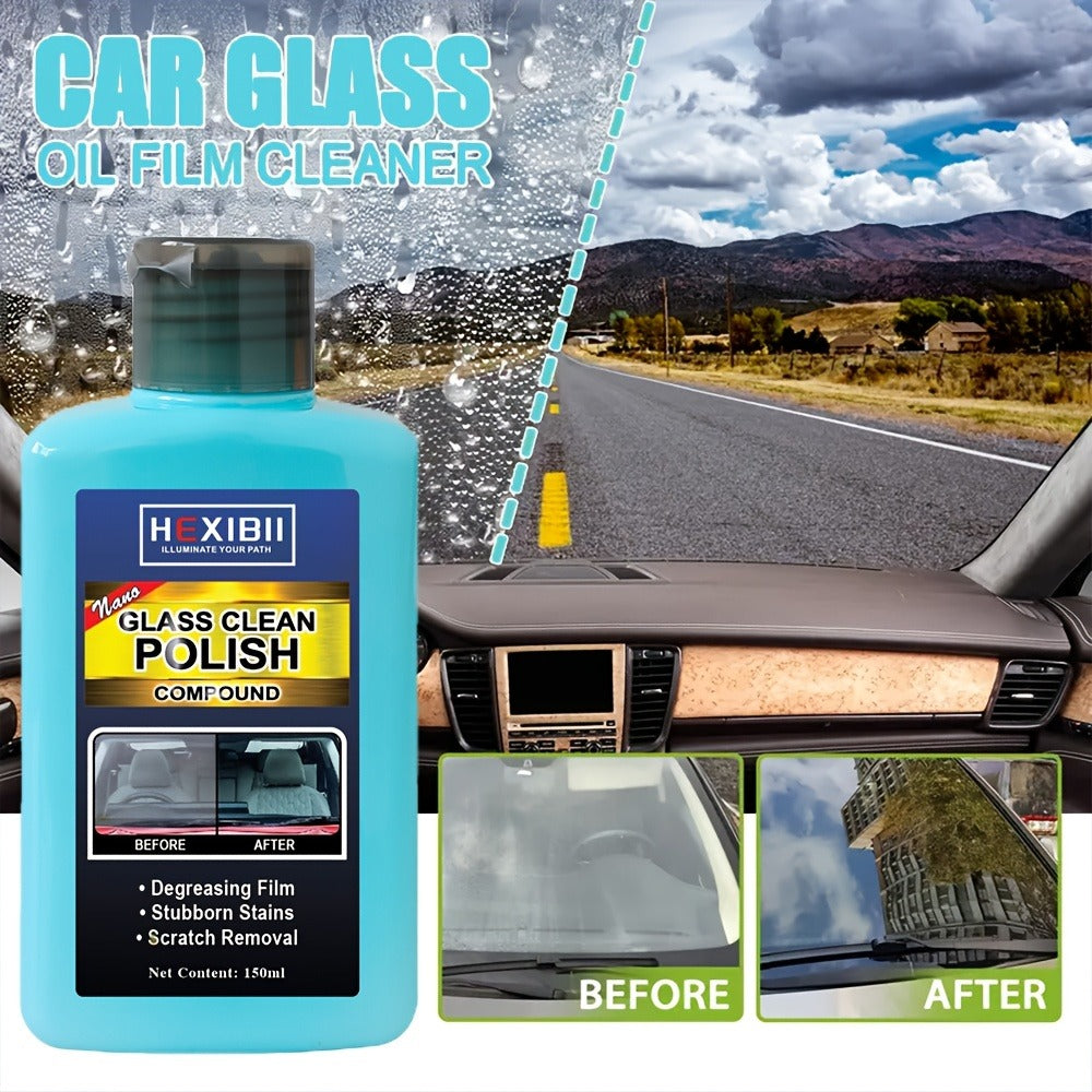 Car Glass Polish by HEXIBII, 150ml Oil-Film Cleaner Compound with Two Sponge Applicators for Windshields