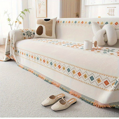 Sofa Cover Bohemian Embroidered Chenille Knit Throw with No Padding in Four Sizes and Five Colors