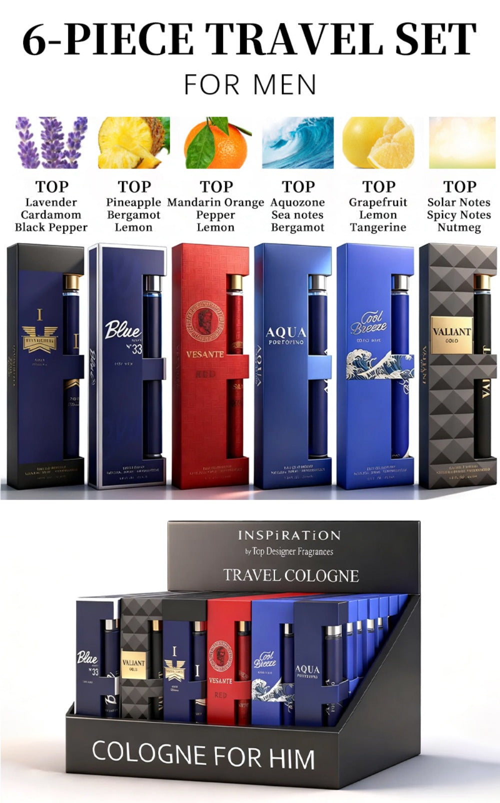 Eau de Toilette Six-Piece Fragrance Spray Set for Men with 35ml Bottles in Mixed Color Boxes
