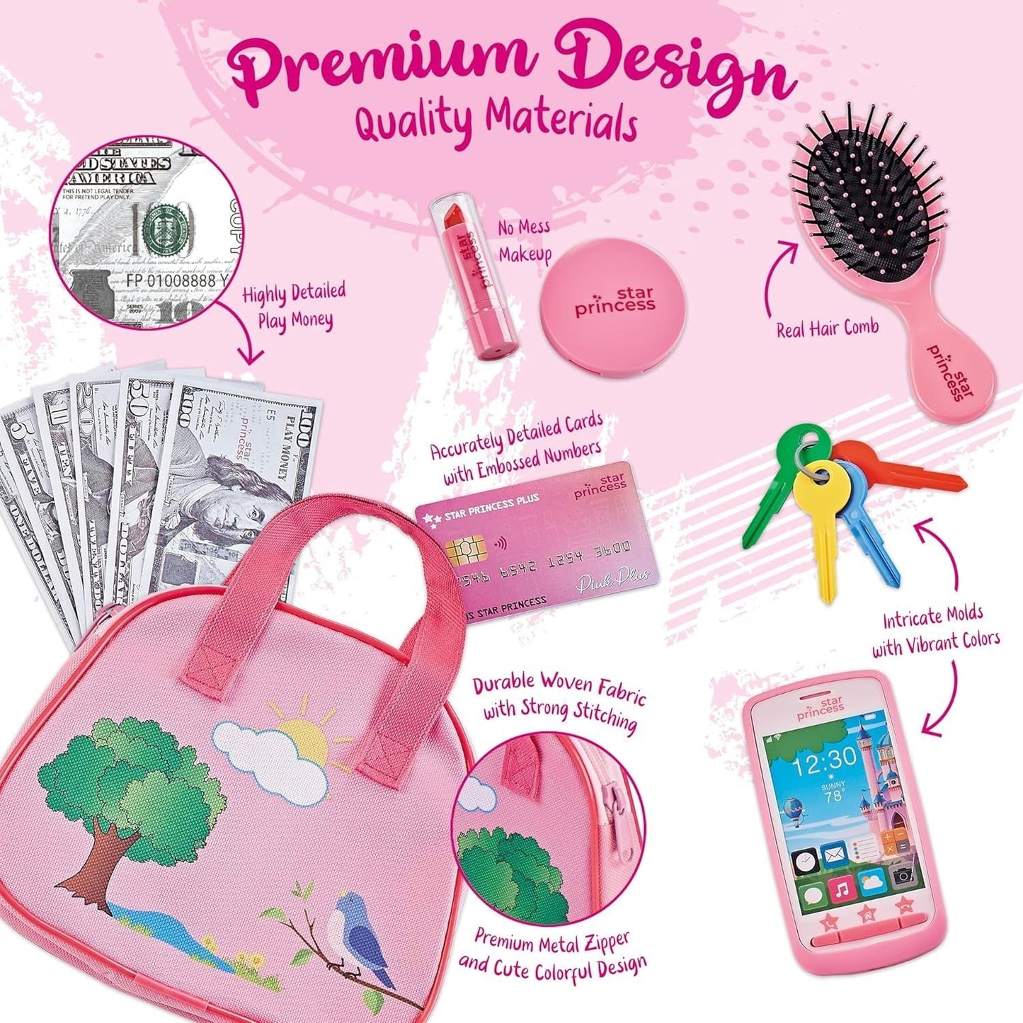Girls Play Purse Set with Accessories 9pcs, Pretend Makeup, Toy Keys, Fake Phone & Credit Card, Toddler Dress Up Handbag Role Play Toy