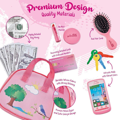 Girls Play Purse Set with Accessories 9pcs, Pretend Makeup, Toy Keys, Fake Phone & Credit Card, Toddler Dress Up Handbag Role Play Toy