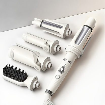 5-in-1 Hair Styler Set with Interchangeable Curling Wand & Straightening Brush - Multi Barrel Curling Iron Kit for Waves