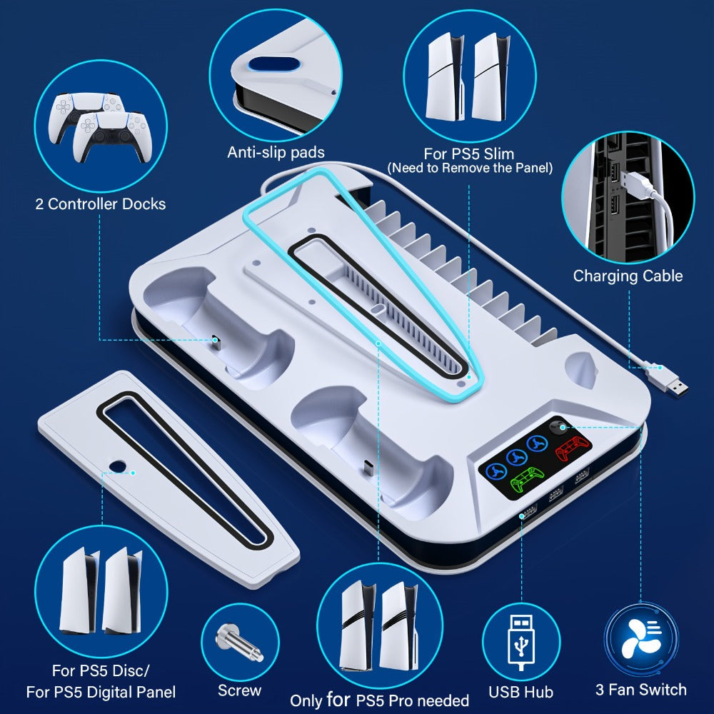 PS5 Cooling Station with USB Hub & Dual Controller Charging Dock for PS5/Slim/Pro, PlayStation 5 Stand Cooler with 3 USB Hubs
