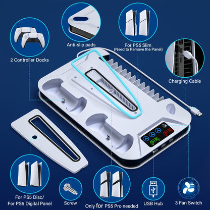 PS5 Cooling Station with USB Hub & Dual Controller Charging Dock for PS5/Slim/Pro, PlayStation 5 Stand Cooler with 3 USB Hubs